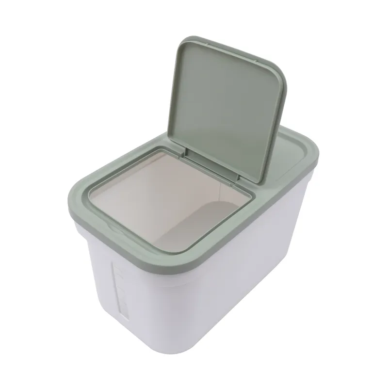 Rectangular rice storage container with a flap lid on a kitchen counter