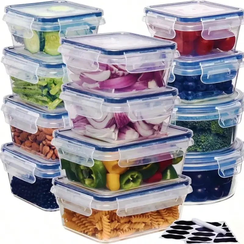 Rectangular plastic containers with snap-on lids and labels
