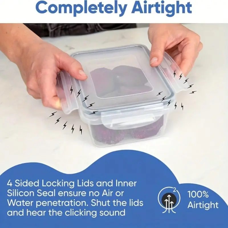 Rectangular plastic containers with snap-on lids and labels