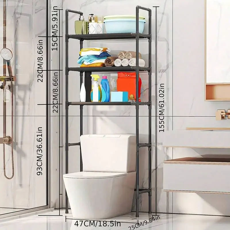 Black multilayer storage rack standing over a toilet