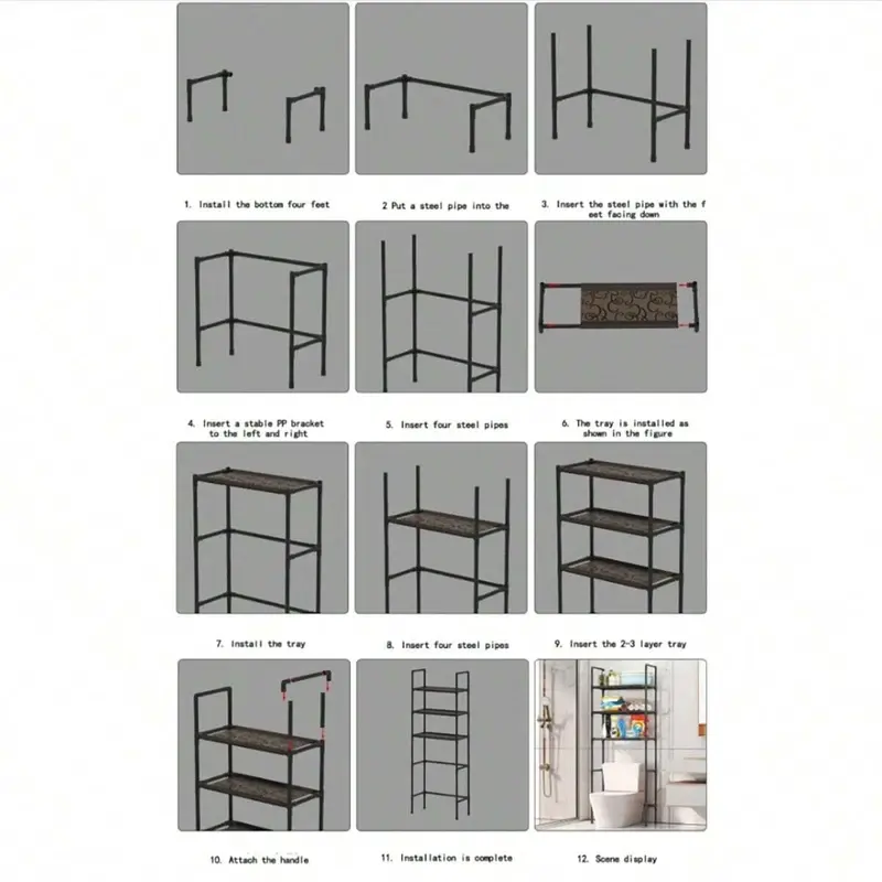 Black multilayer storage rack standing over a toilet