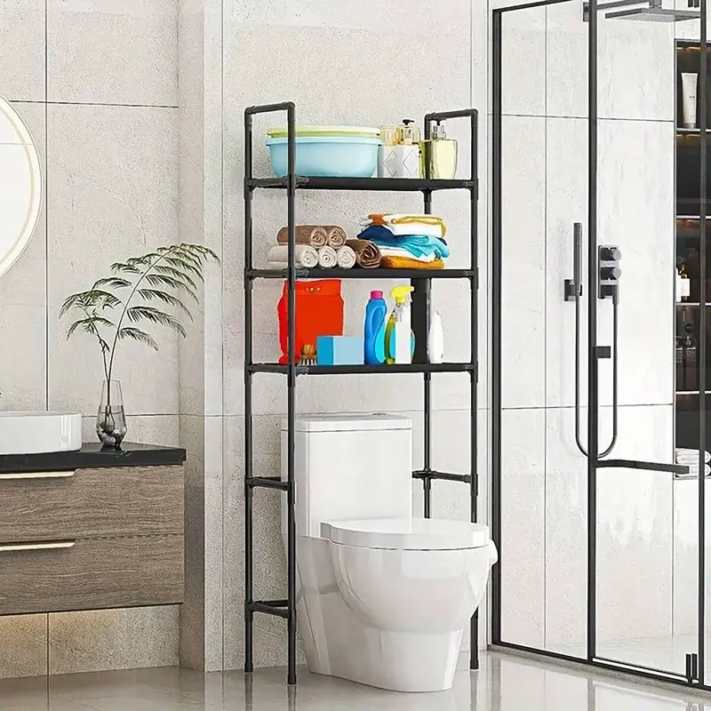Black multilayer storage rack standing over a toilet