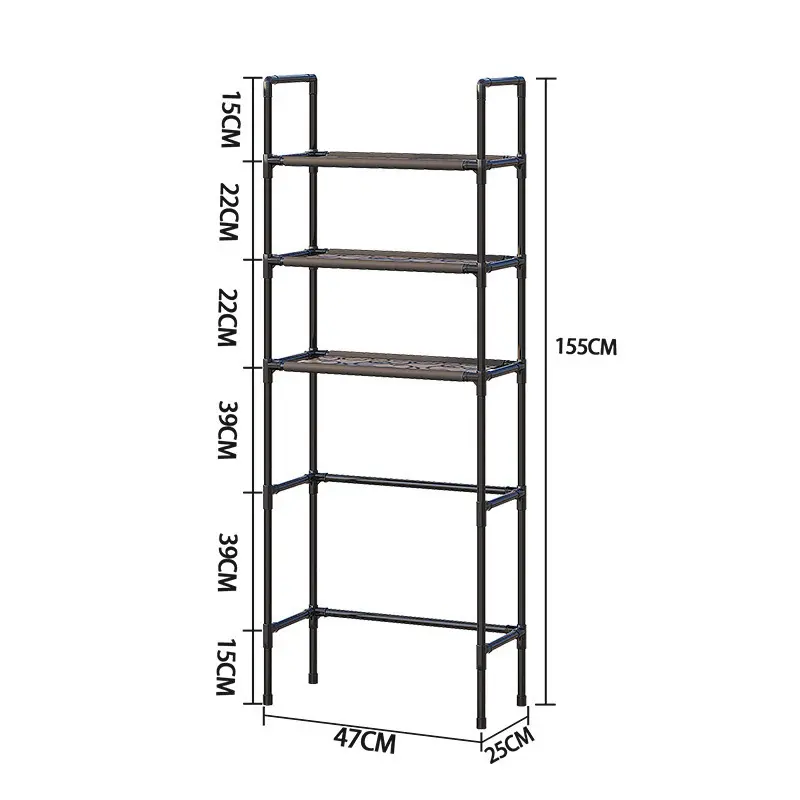 Black multilayer storage rack standing over a toilet