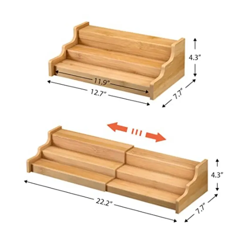 Three-tier expandable bamboo spice rack holding jars