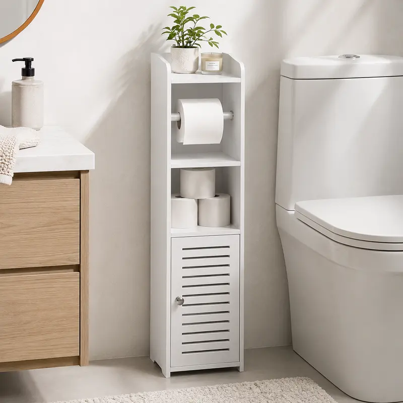 Slim bathroom storage cabinet beside a toilet