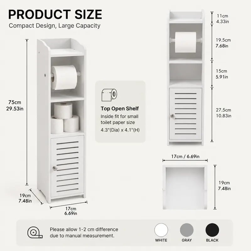 Slim bathroom storage cabinet beside a toilet