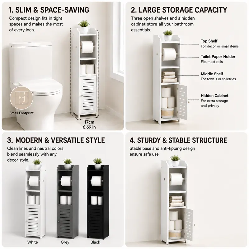 Slim bathroom storage cabinet beside a toilet
