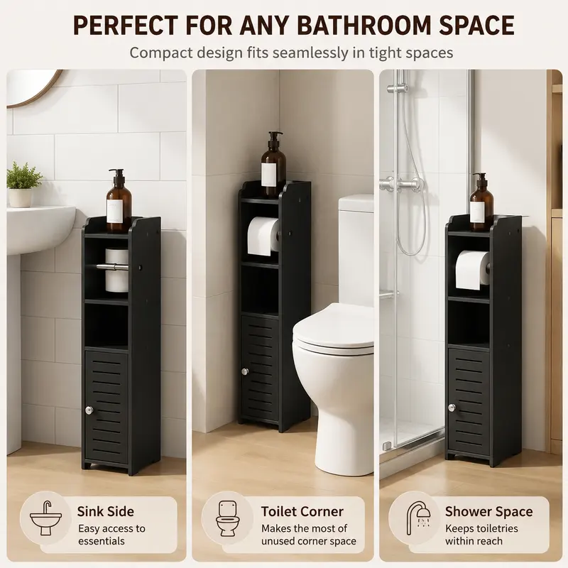 Slim bathroom storage cabinet beside a toilet