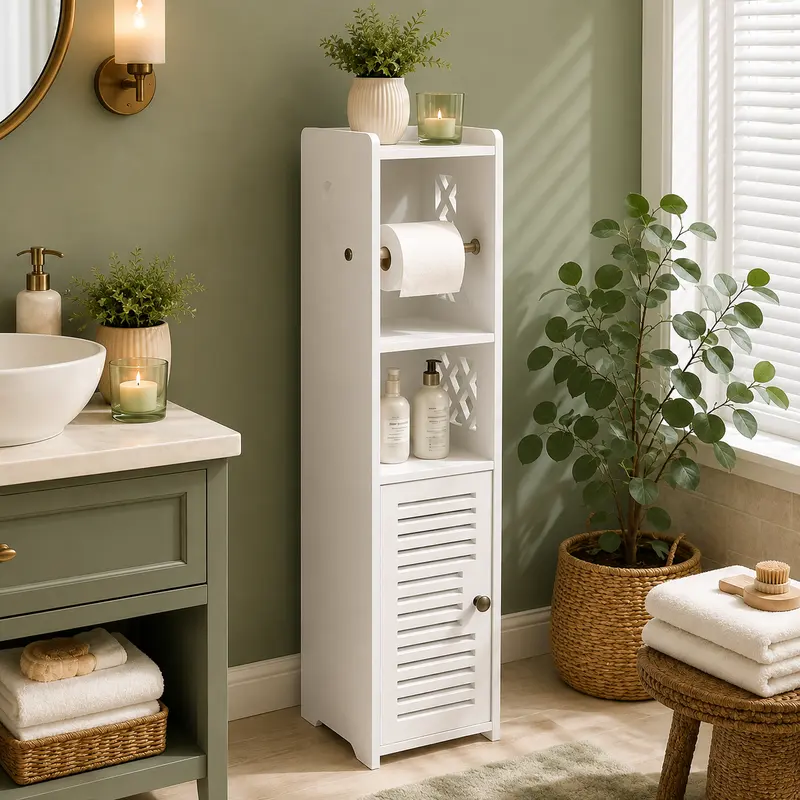 Slim bathroom storage cabinet beside a toilet