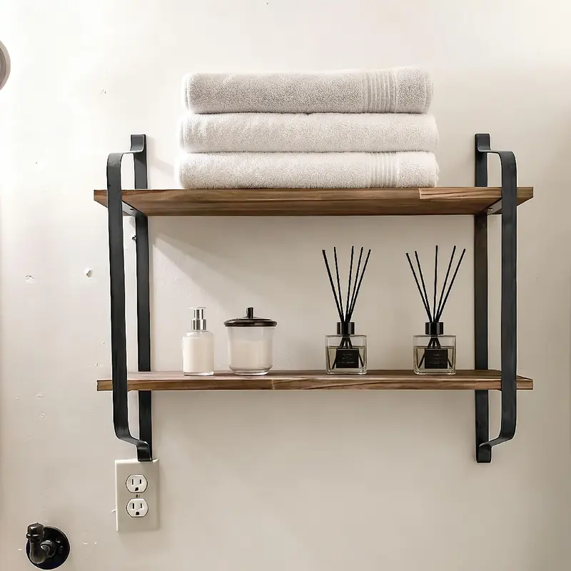 Two-tier pine wall shelf with black metal brackets