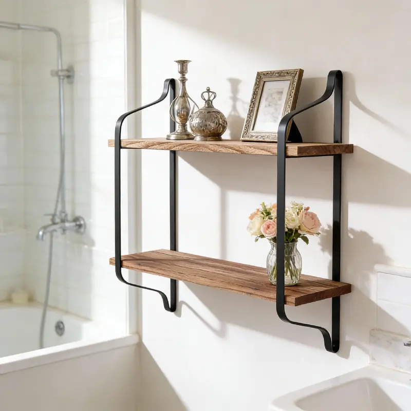 Two-tier pine wall shelf with black metal brackets