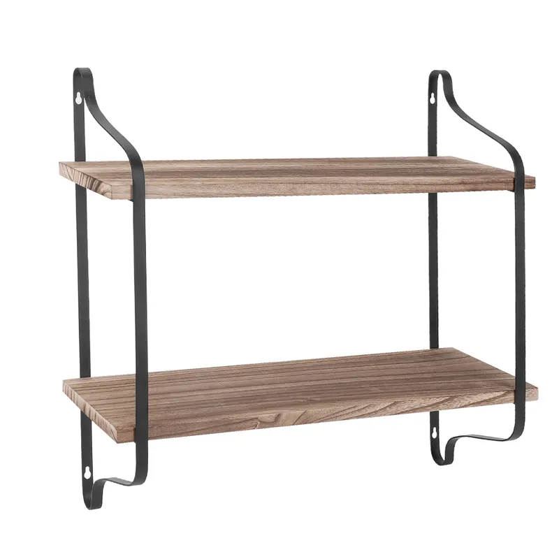 Two-tier pine wall shelf with black metal brackets