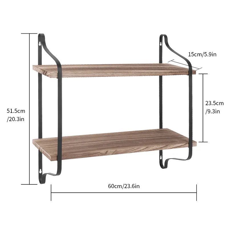 Two-tier pine wall shelf with black metal brackets