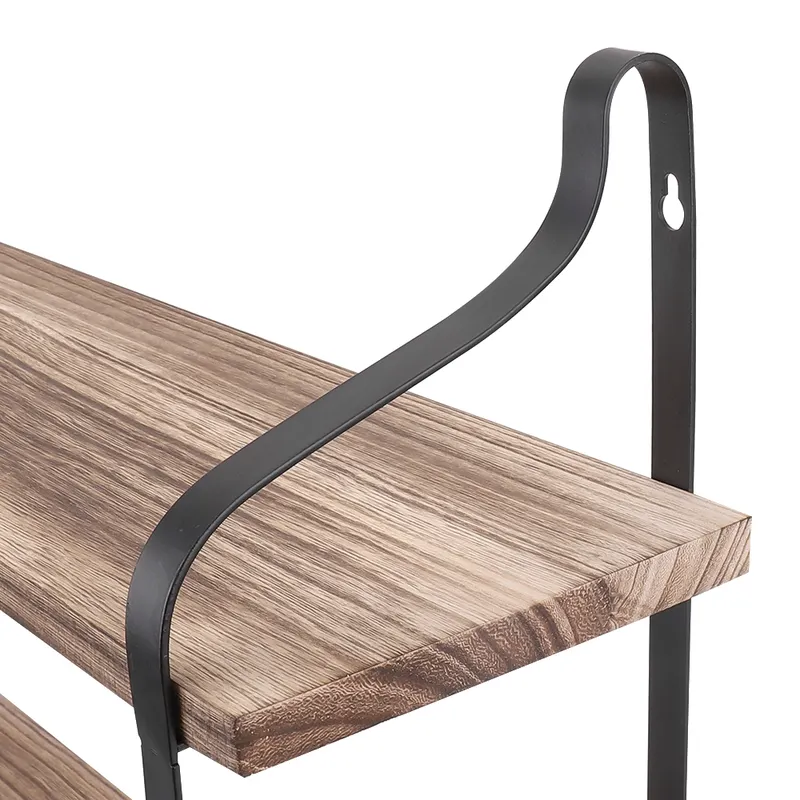 Two-tier pine wall shelf with black metal brackets