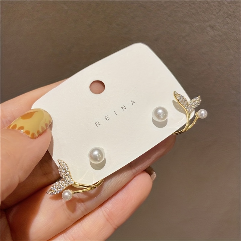 tail stud earrings alloy rhinestone decor minimal japanese and korean elegant style womens earrings jewelry details 2