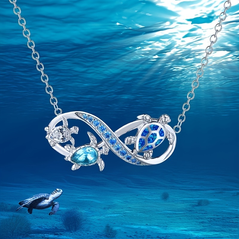 classic and resort style match with little turtles design pendant inlay with blue rhinestone fashion silvery stainless necklace for daily wear idea gift for friends details 1