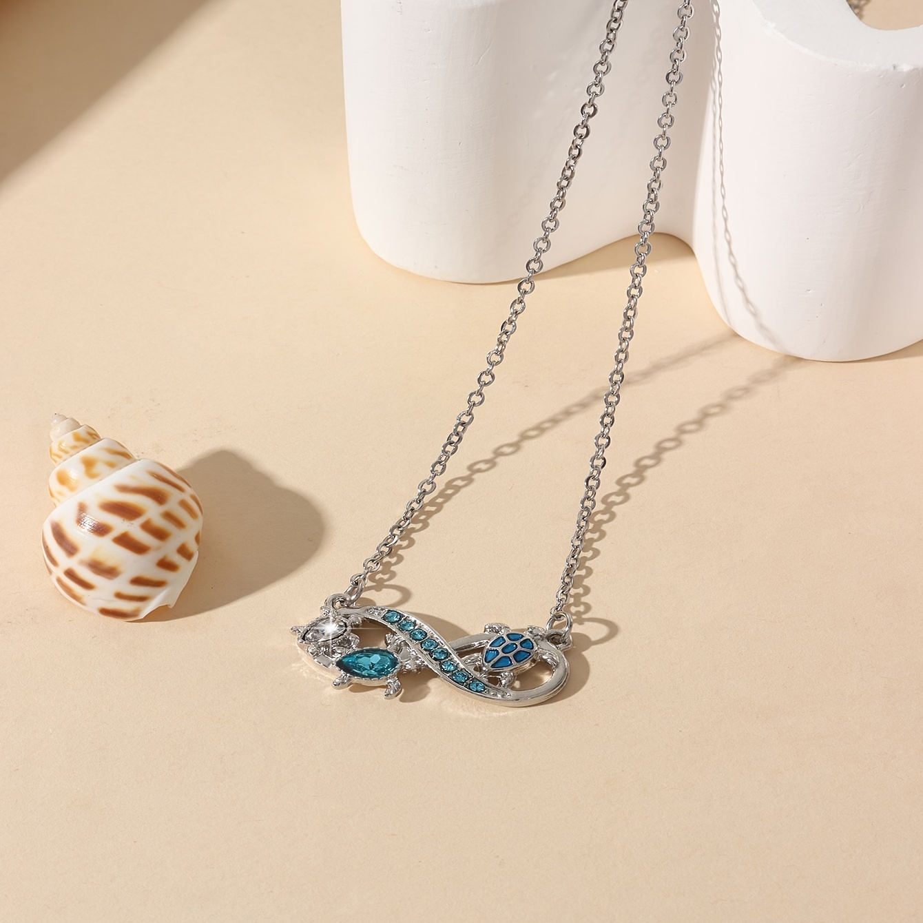 classic and resort style match with little turtles design pendant inlay with blue rhinestone fashion silvery stainless necklace for daily wear idea gift for friends details 3