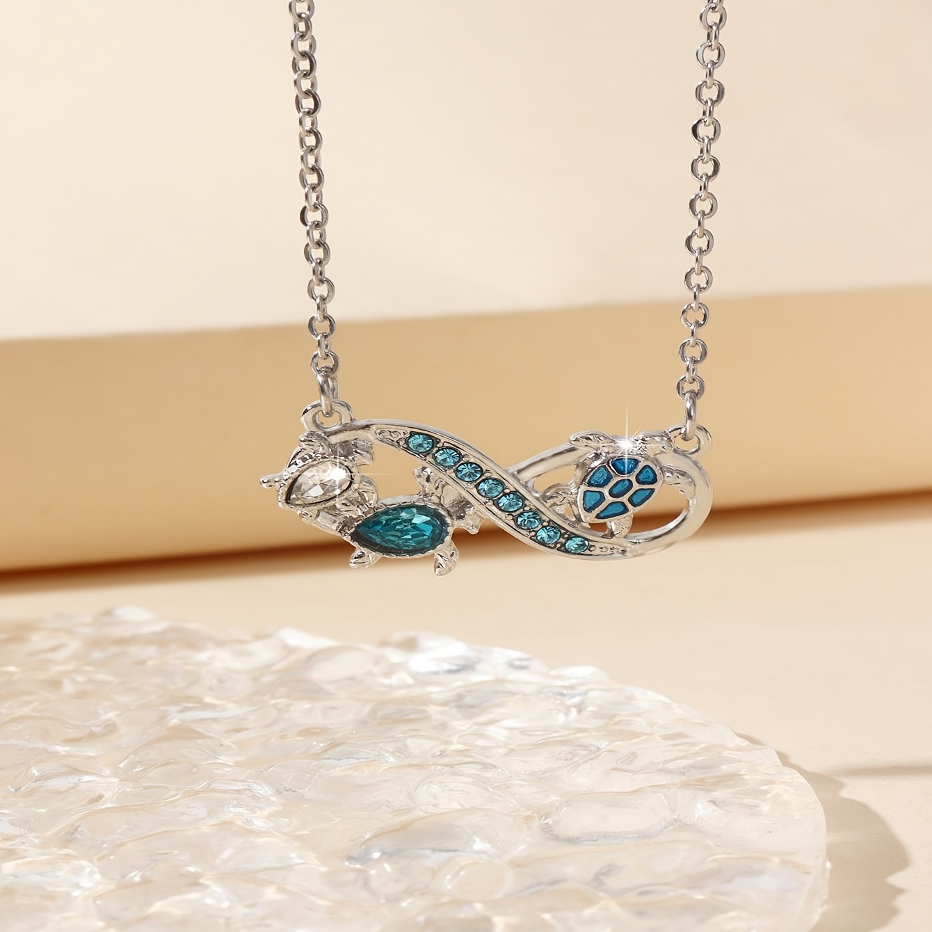 classic and resort style match with little turtles design pendant inlay with blue rhinestone fashion silvery stainless necklace for daily wear idea gift for friends details 4