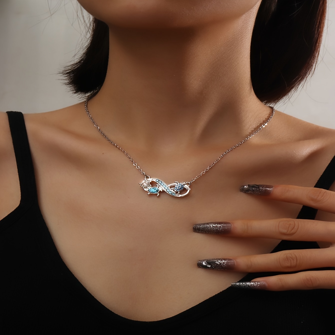 classic and resort style match with little turtles design pendant inlay with blue rhinestone fashion silvery stainless necklace for daily wear idea gift for friends details 5