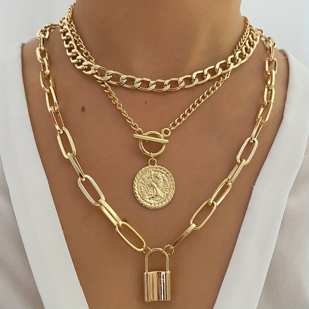 punk multilayer cuban chain paperclip chain round shape portrait pendant ot buckle necklace details 1