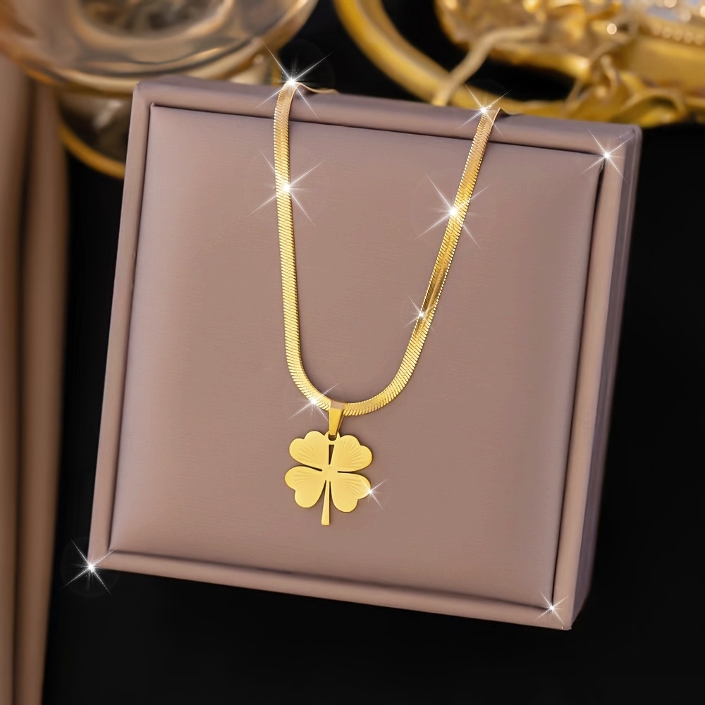 a golden stainless steel ornament chain lucky pendant necklace cool casual style simple elegant retro trendy lady daily commuter holiday party wear details 1