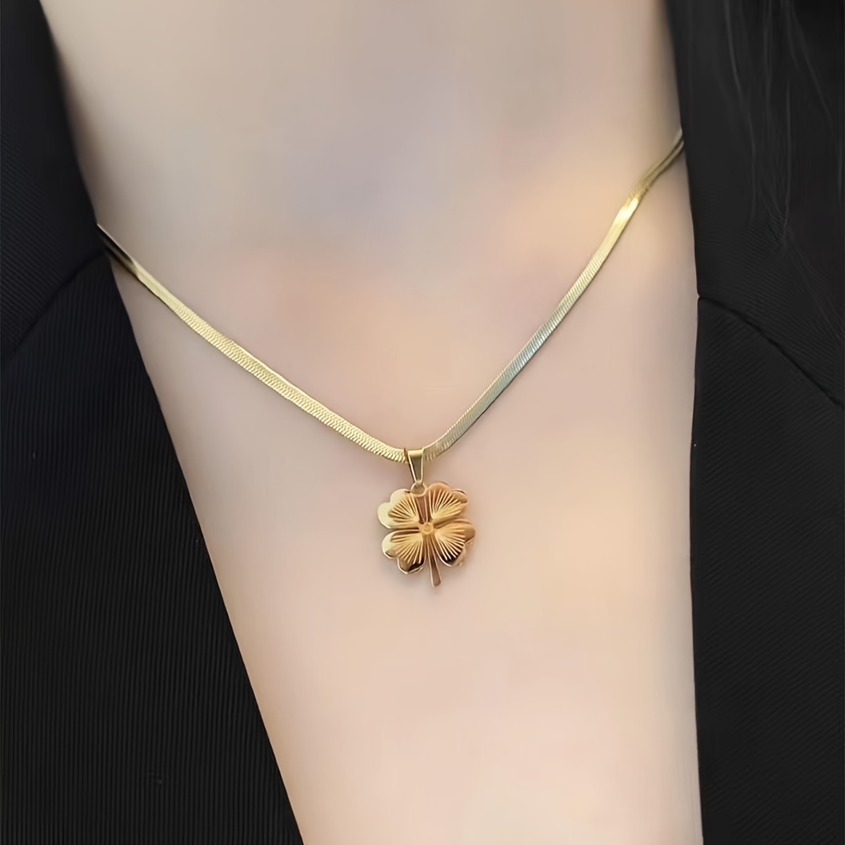 a golden stainless steel ornament chain lucky pendant necklace cool casual style simple elegant retro trendy lady daily commuter holiday party wear details 4