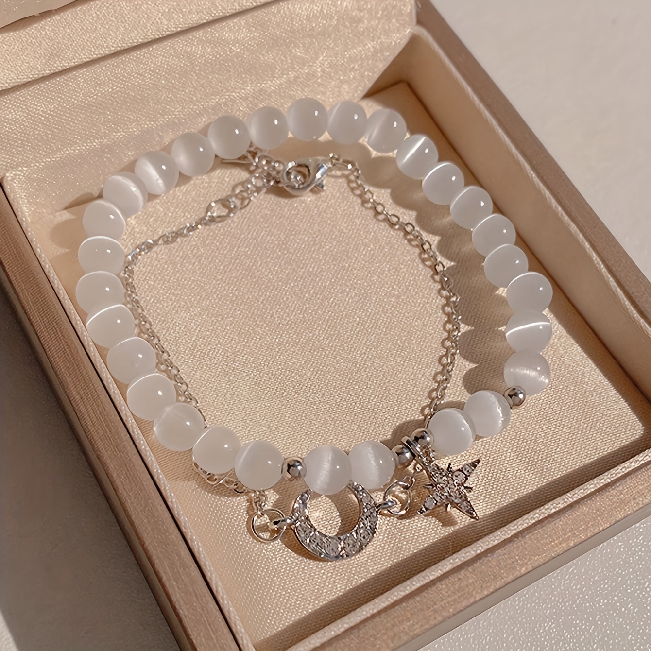 2pcs set fashion cat eye moon shaped pendant bracelet suitable for women girls daily wear gift date party details 0