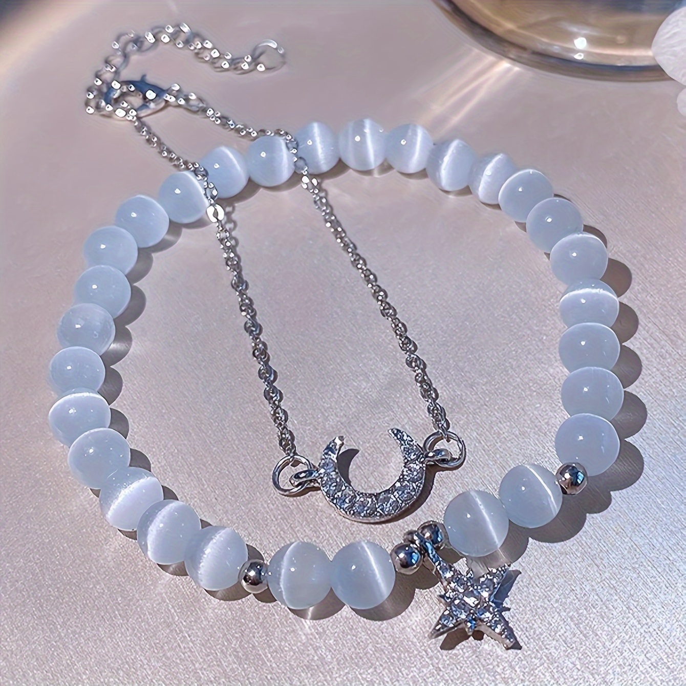 2pcs set fashion cat eye moon shaped pendant bracelet suitable for women girls daily wear gift date party details 1