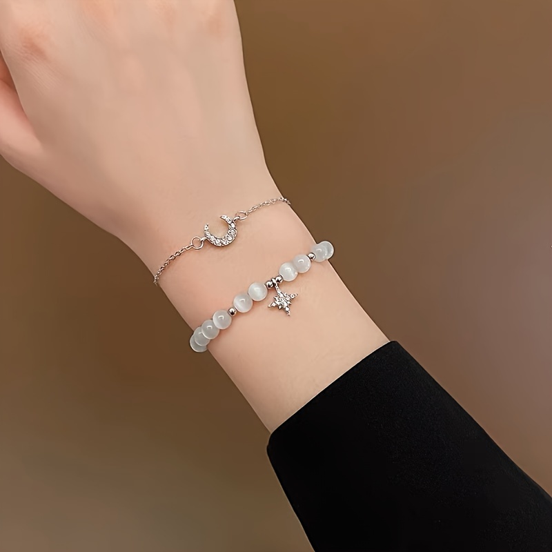 2pcs set fashion cat eye moon shaped pendant bracelet suitable for women girls daily wear gift date party details 3