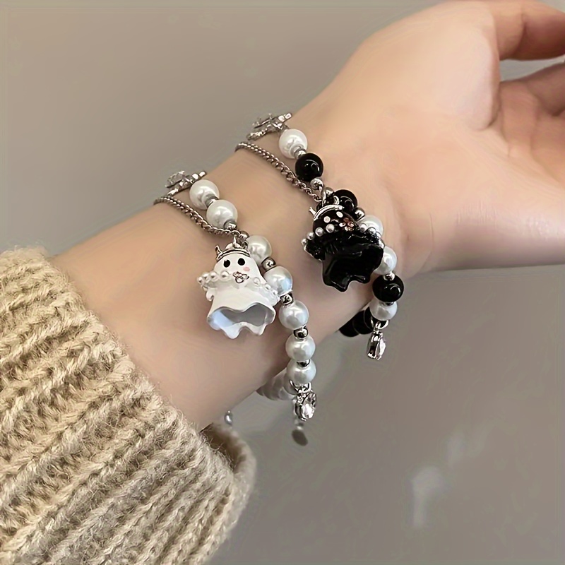 2 pcs of black and white ghost bracelet set for women men couple accessories set cold niche sweet cool bracelet details 0