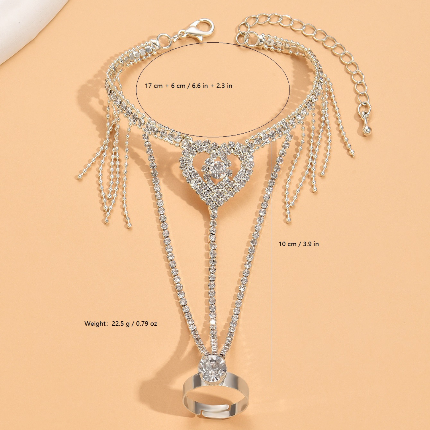 silver plated glitter full rhinestones heart tassel inlaid zircon ring bracelet integrated chain details 2