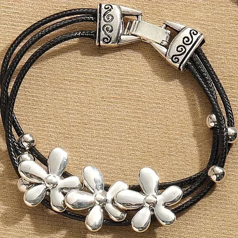 chic bohemian inspired bracelet with petite floral decor faux leather rope design multi layer vintage charm ideal for holidays and gift giving details 0