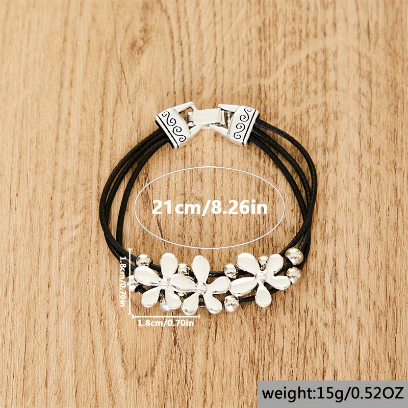 chic bohemian inspired bracelet with petite floral decor faux leather rope design multi layer vintage charm ideal for holidays and gift giving details 1