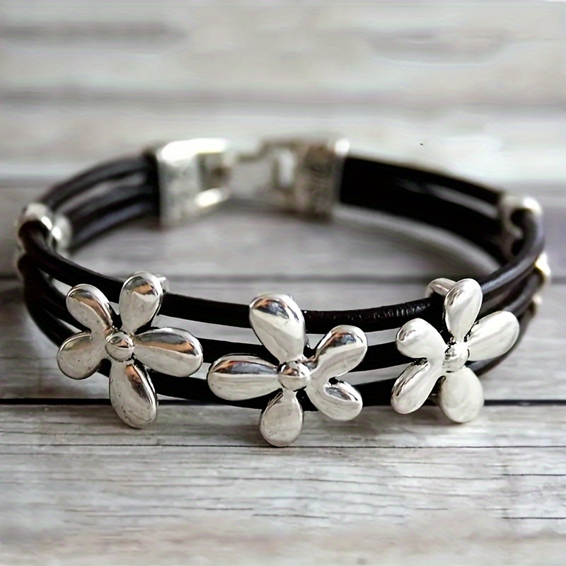 chic bohemian inspired bracelet with petite floral decor faux leather rope design multi layer vintage charm ideal for holidays and gift giving details 2