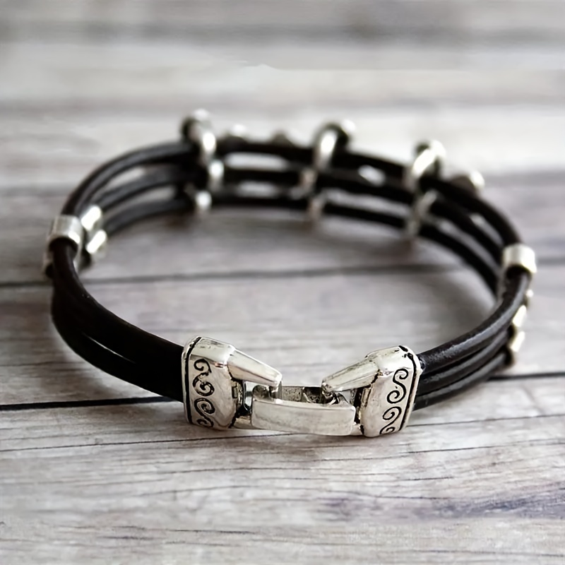 chic bohemian inspired bracelet with petite floral decor faux leather rope design multi layer vintage charm ideal for holidays and gift giving details 3