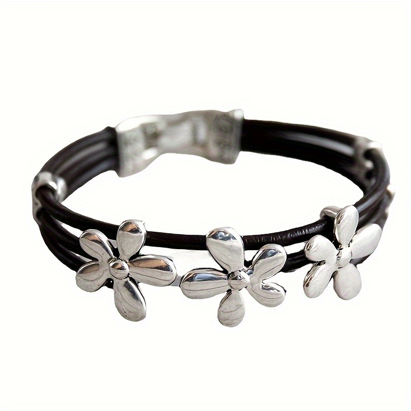 chic bohemian inspired bracelet with petite floral decor faux leather rope design multi layer vintage charm ideal for holidays and gift giving details 6