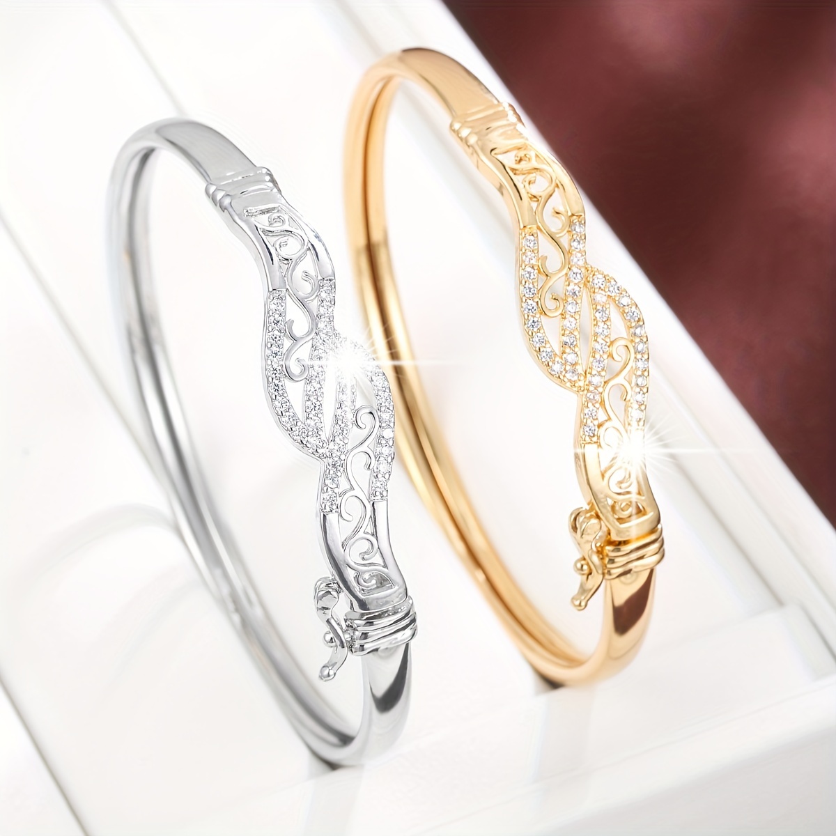 1pc vintage style 18k gold plated copper bangle bracelet inlaid shiny zircon bangle details 0