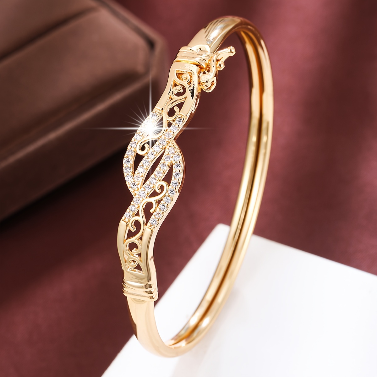 1pc vintage style 18k gold plated copper bangle bracelet inlaid shiny zircon bangle details 1