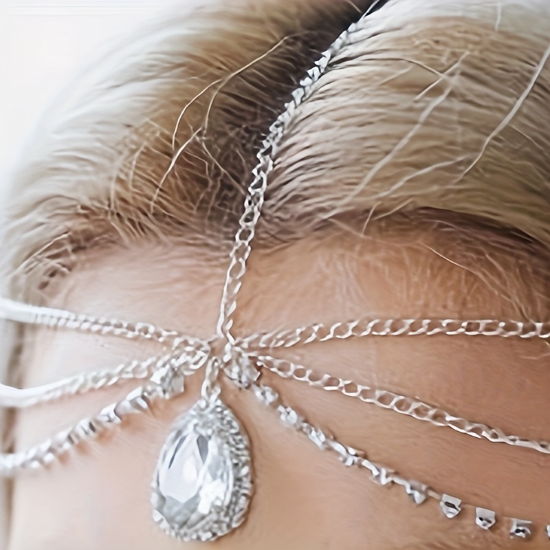 vintage elegant crystal hair ring alloy hollow hair accessory with crystal detail boho bridal forehead chain headpiece water drop hair band for women single piece appropriate for ages 14 details 2