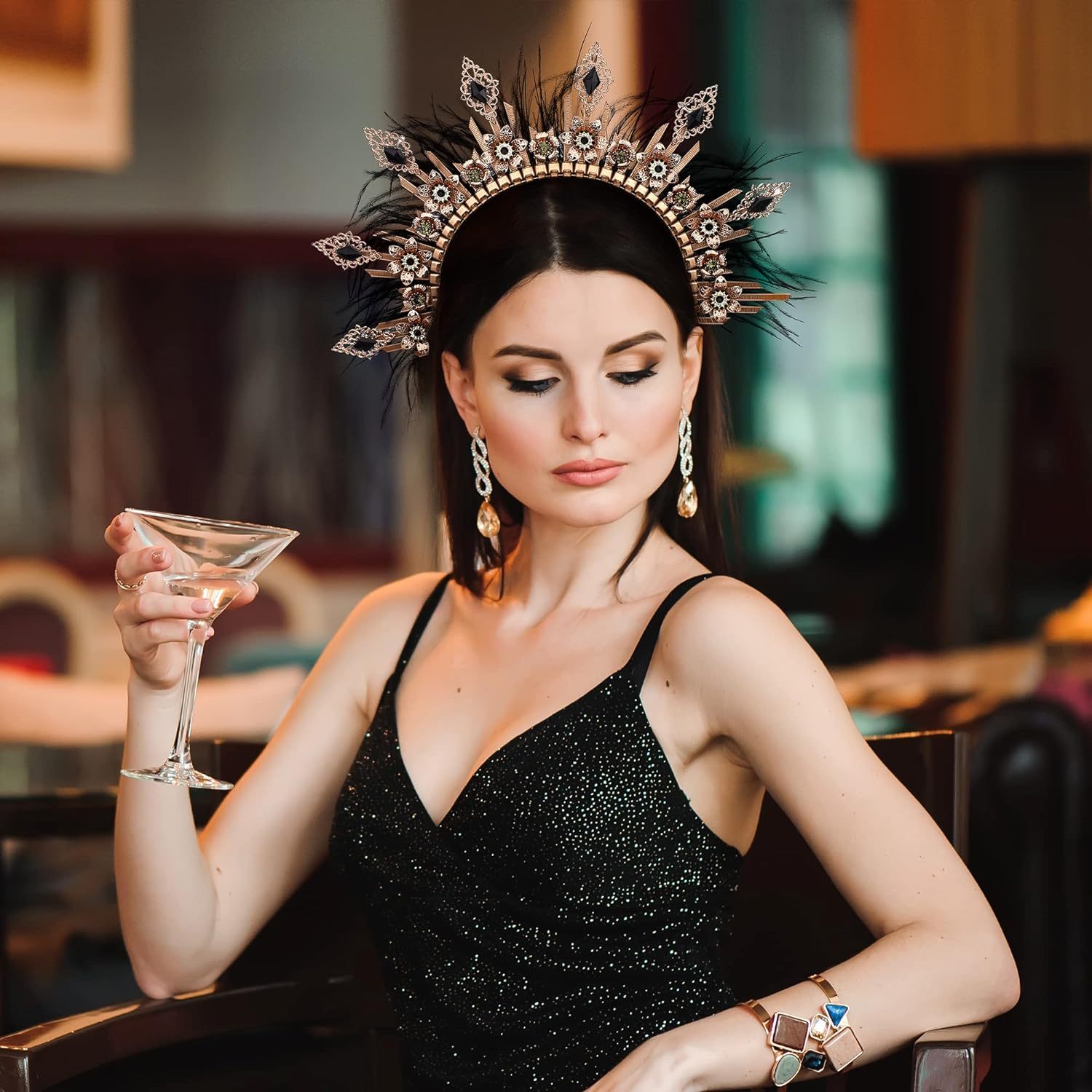 crown headpiece zip tie golden spiked headband black feather hair accessories goddess headwear egyptian queen tiara carnival party festival renaissance details 4