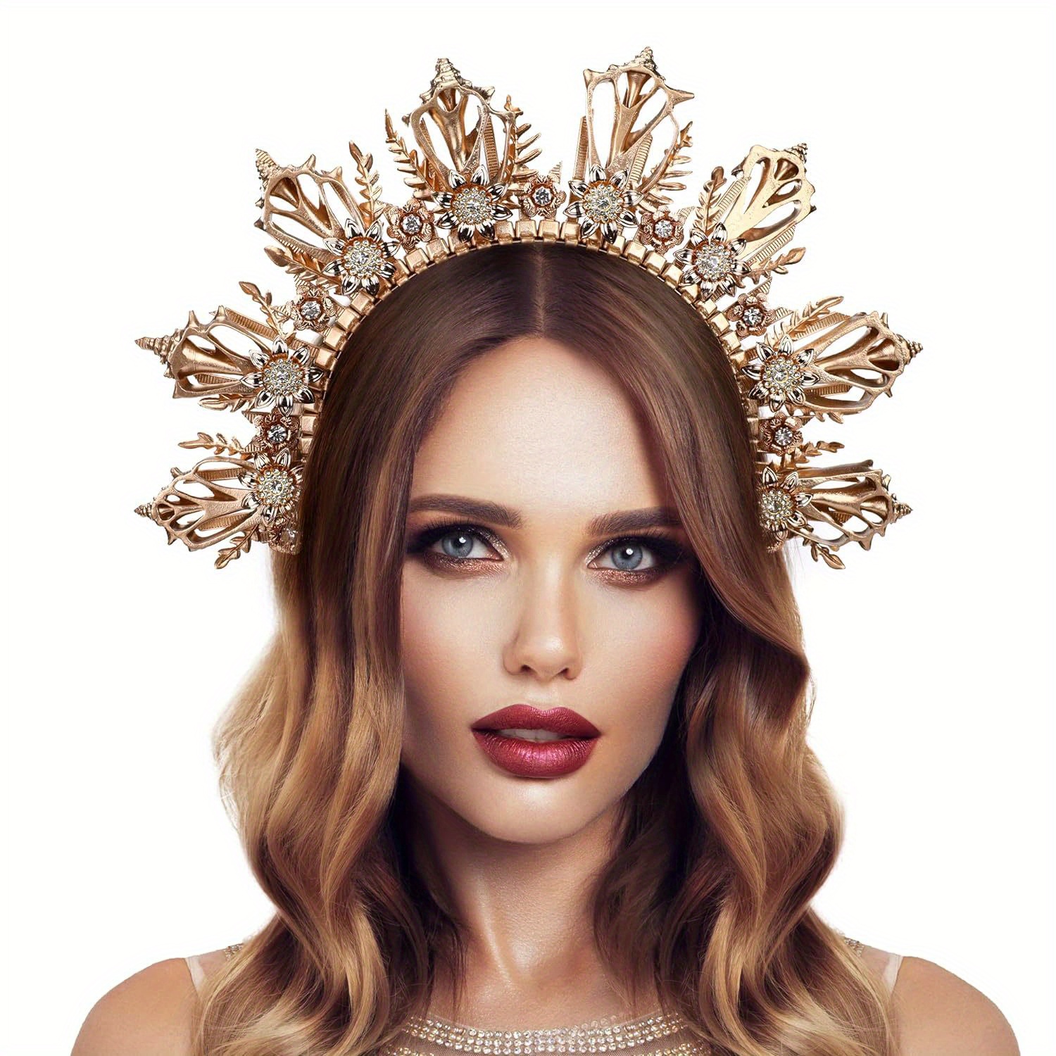golden crown headpiece mermaid headband goddess headpiece zip tie wedding bridal headwear halloween cosplay renaissance costume photoshoot hair accessories details 0