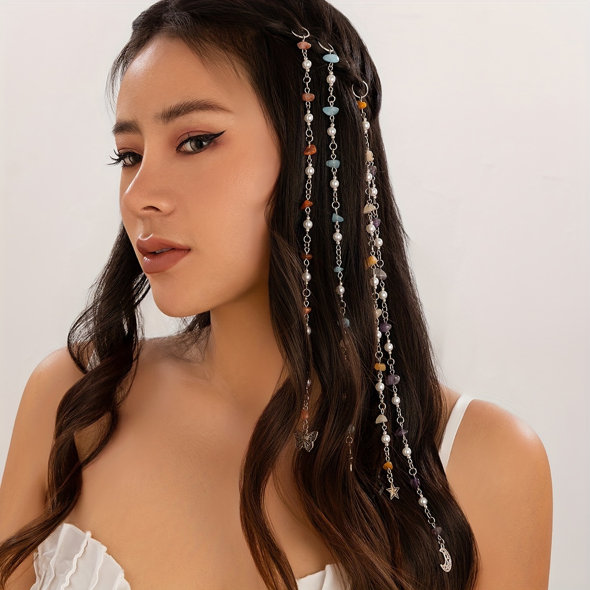 vintage bohemian metal hair clip with imitation pearl beads tassel detail and star butterfly charms single piece oblong shaped colorful gemstone embellished braid accessory for women and teens details 0